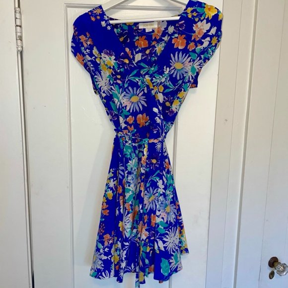 Yumi Kim | Silk Mini Wrap Dress | M | "Soho Mixer" in Blue Floral - Picture 2 of 8
